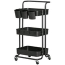 Black 3 Tier Utility Rolling Cart with Baskets and Hooks