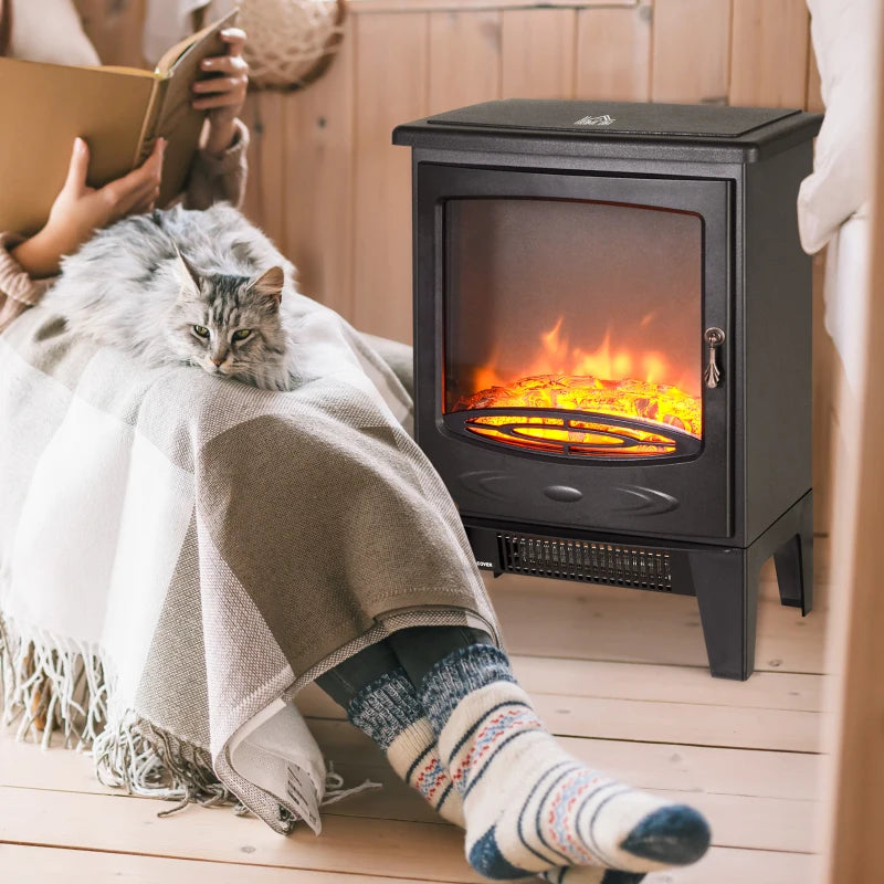 Black Glass Electric Fireplace Heater with Artificial Flame Effect