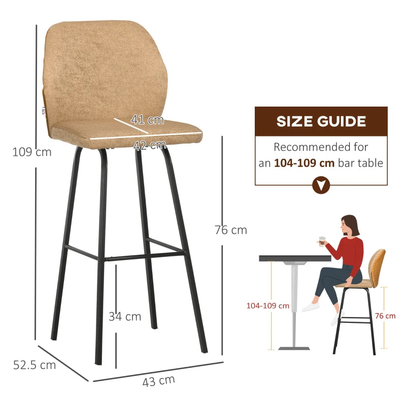 Set of 4 Light Brown Upholstered Bar Stools with Backs and Steel Legs