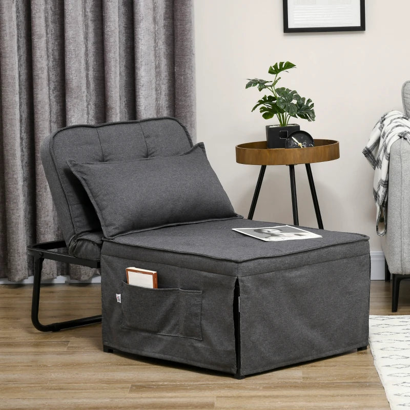 Charcoal Grey Fabric Sleeper Chair with Adjustable Backrest and Side Pockets