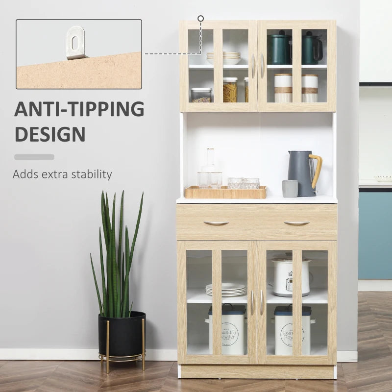 Modern White Kitchen Storage Cabinet with Glass Doors and Drawer, 180cm