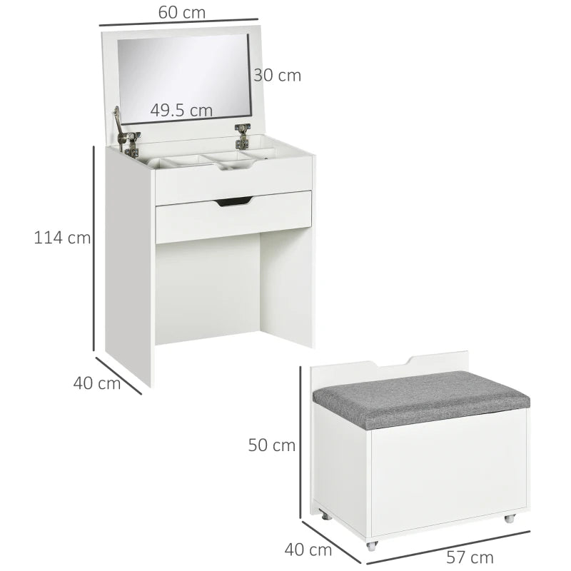 White Flip-up Mirror Dressing Table with Storage Stool
