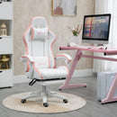 White and Pink Racing Gaming Chair with Footrest and Swivel Seat