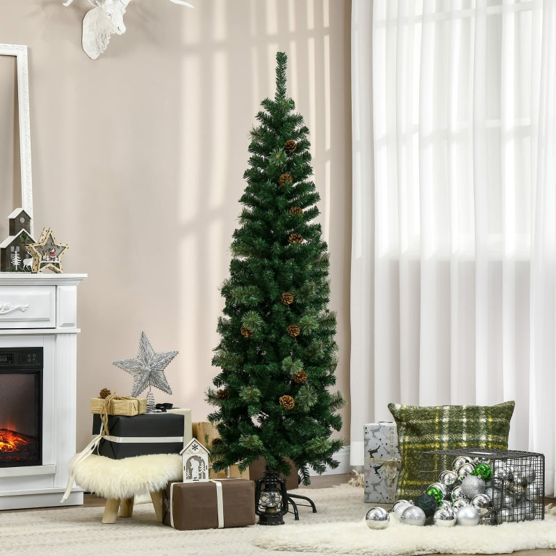 5.5FT Tall Slim Green Christmas Tree with Realistic Branches and Pine Cones