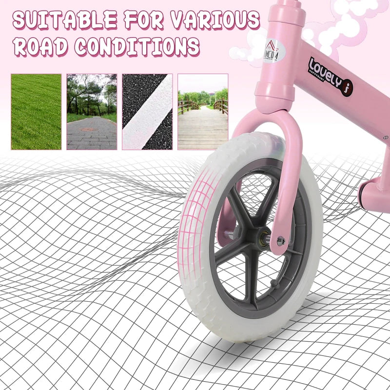12" Pink Kids Balance Bike - No Pedal Bicycle with Adjustable Seat and Shock Absorber