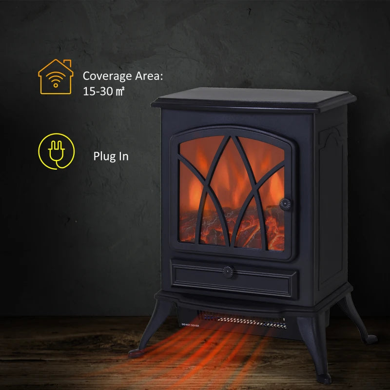 Black Electric Fireplace Stove with Fan and Log Flame Effect 2000W/1000W Heater