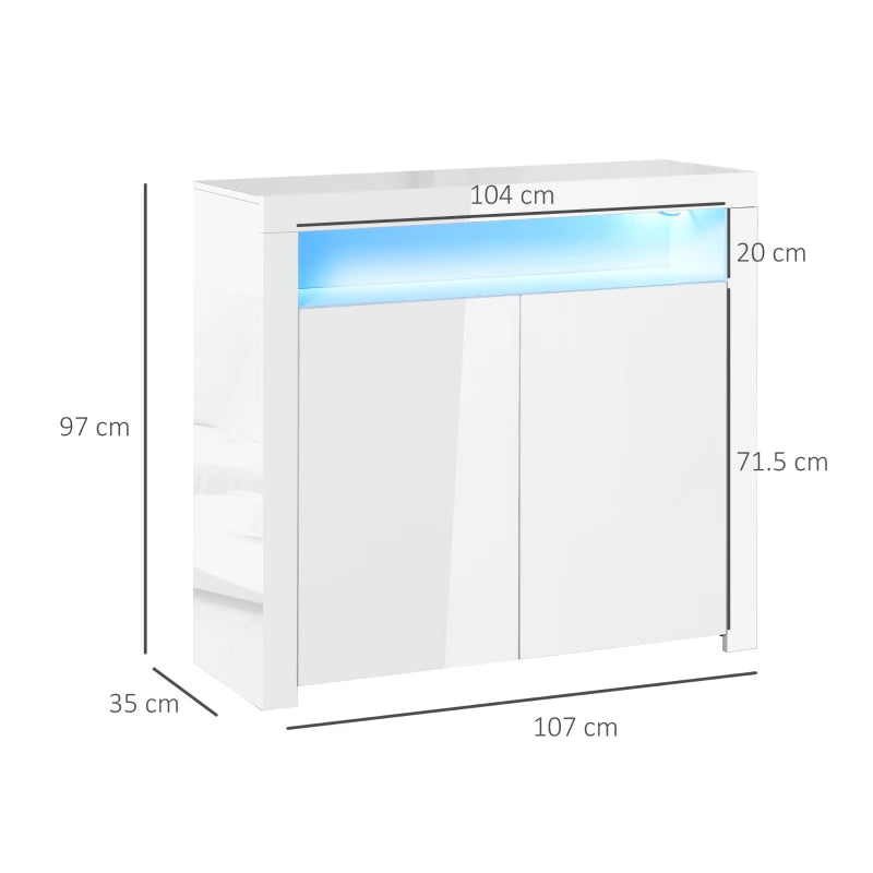 White LED Storage Cabinet with RGB Lighting, High Gloss Front - Modern Sideboard