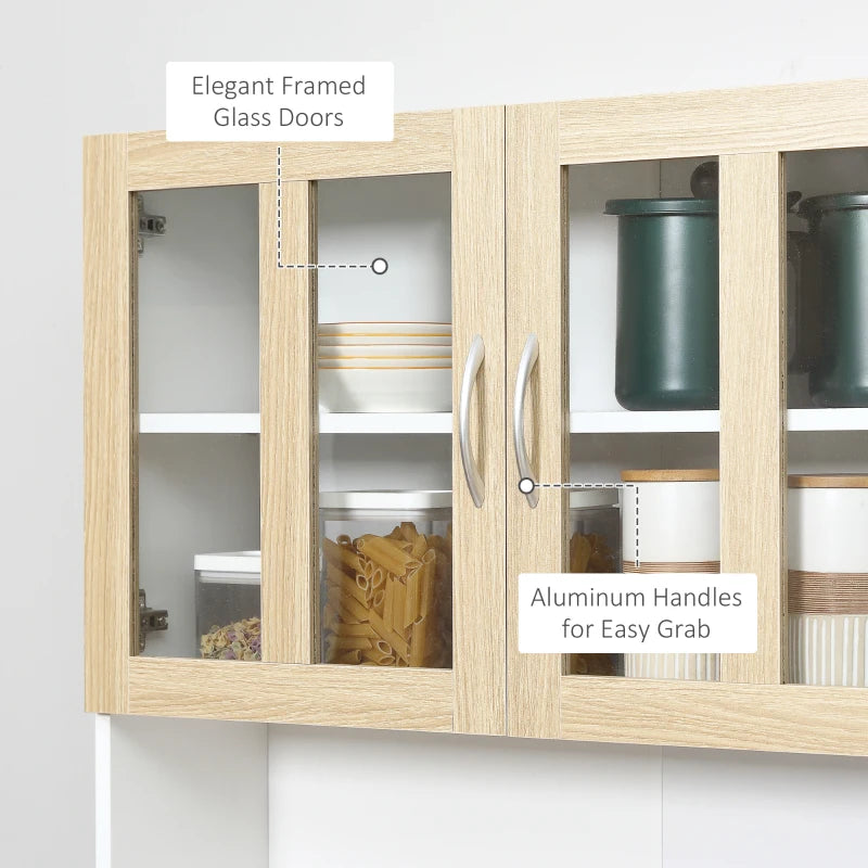 Modern White Kitchen Storage Cabinet with Glass Doors and Drawer, 180cm