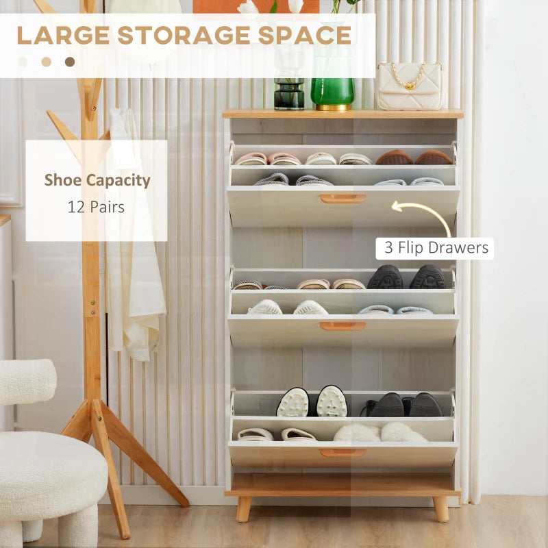 Cream White Slim Shoe Storage Cabinet with 3 Flip Drawers - 12 Pair Shoe Organizer