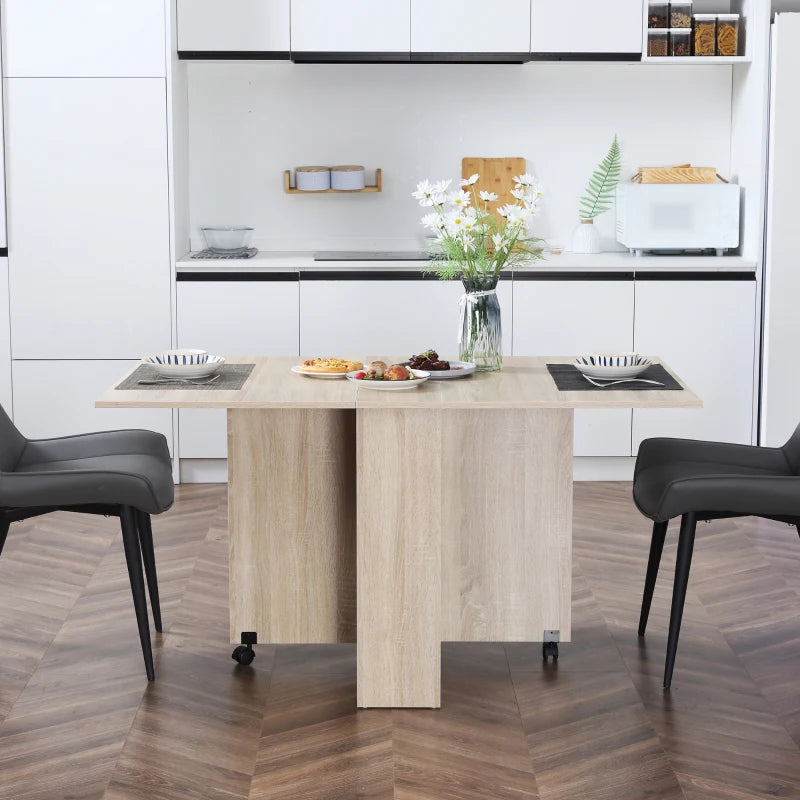 Natural Folding Drop Leaf Dining Table with Shelves and Casters