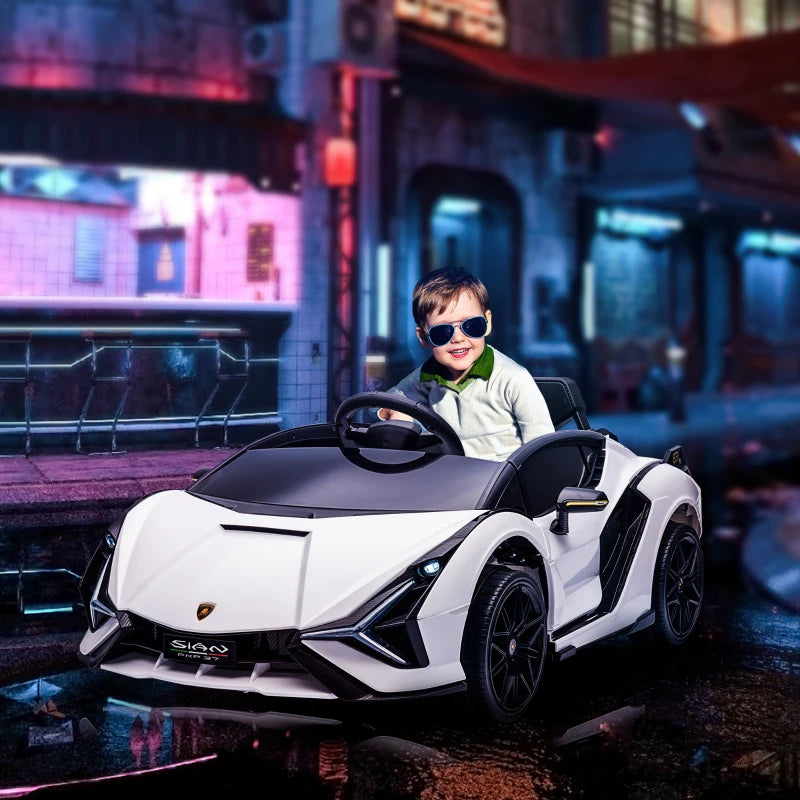 White 12V Kids Electric Ride-On Car with Remote Control and Music