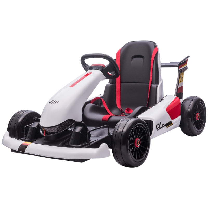 Electric Kids Go Kart - White, Adjustable Footrest, Reversing Steering, 12V Battery, 2 Speeds, Remote Control