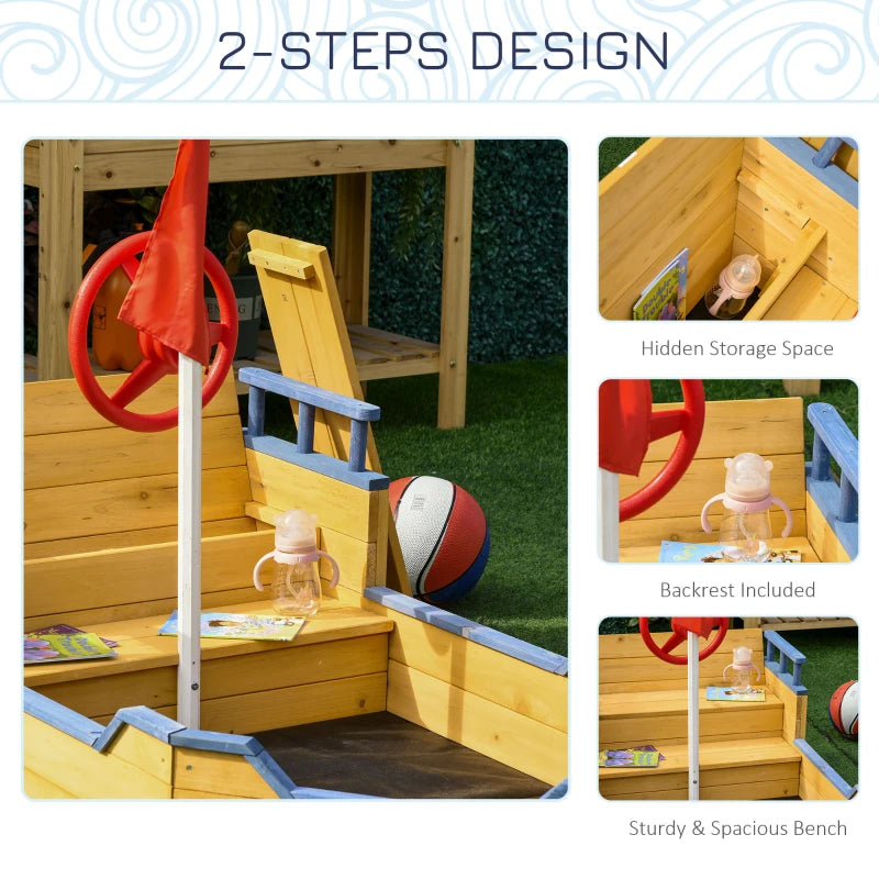 Wooden Pirate Ship Sand Pit - Blue Outdoor Kids Sandboat Playset
