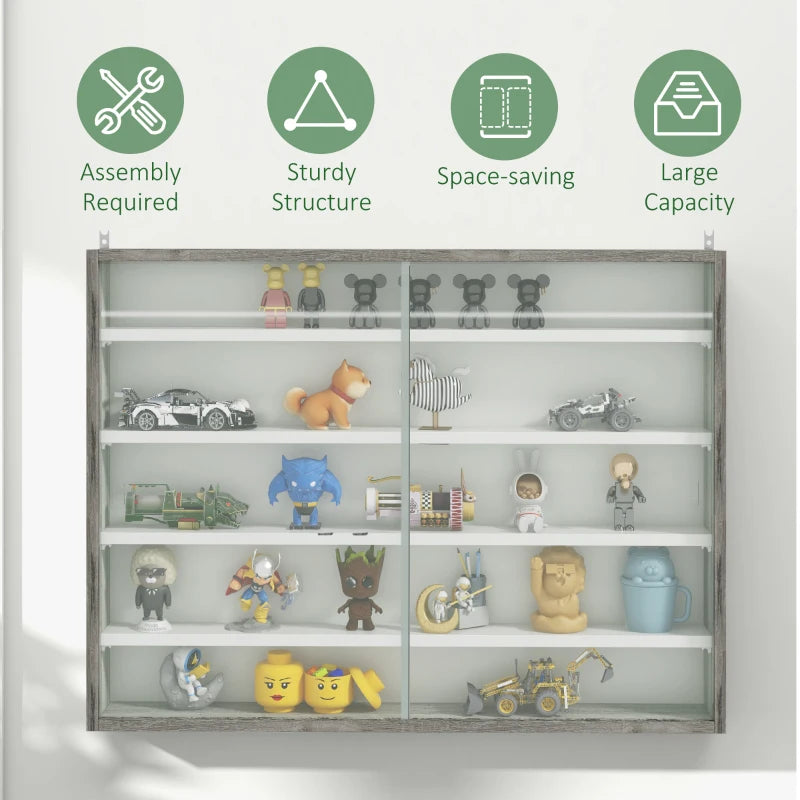 Grey Wood Grain 5-Tier Wall Display Cabinet with Glass Doors - 60x80cm