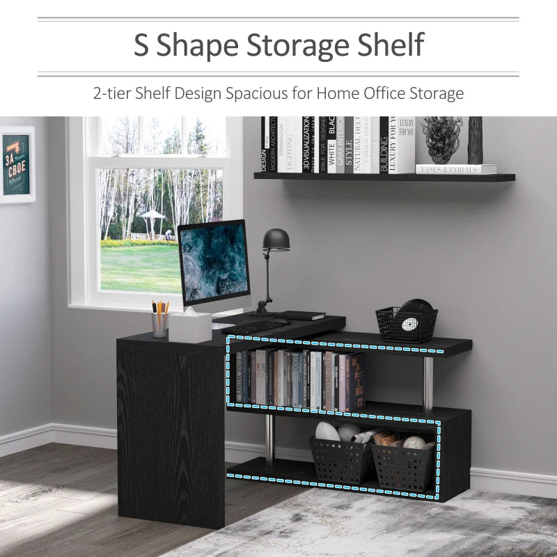 Black L-Shaped Rotating Corner Desk with Storage Shelf