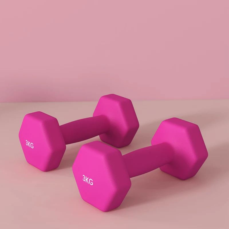 Hexagonal Pink Dumbbell Set - 2 x 3kg Weights for Home Gym