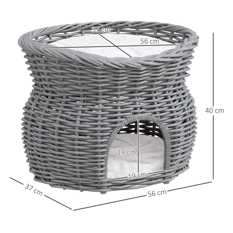 Grey Wicker 2-Tier Cat House with Washable Cushions