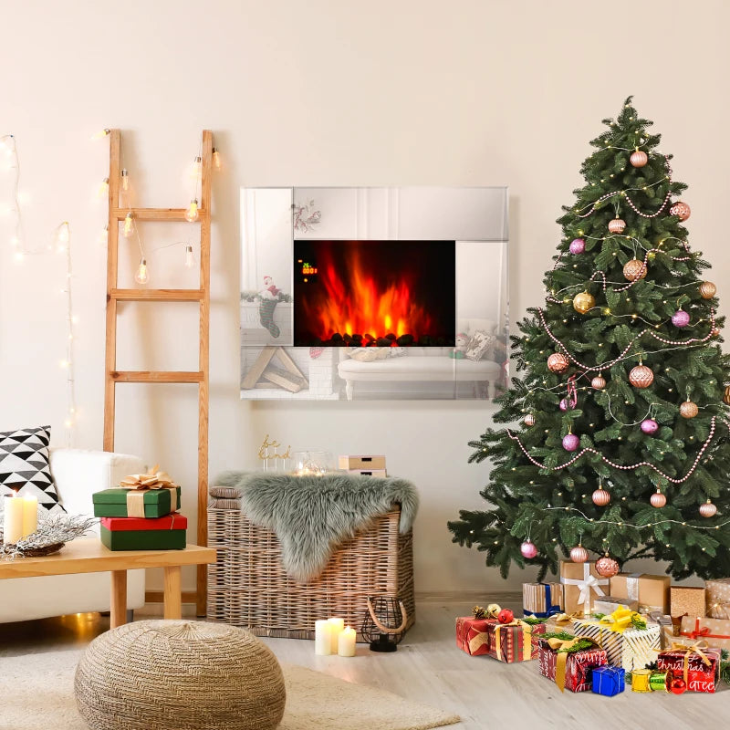 Silver Wall Mount Electric Fireplace Heater with Flame Effect & Tempered Glass