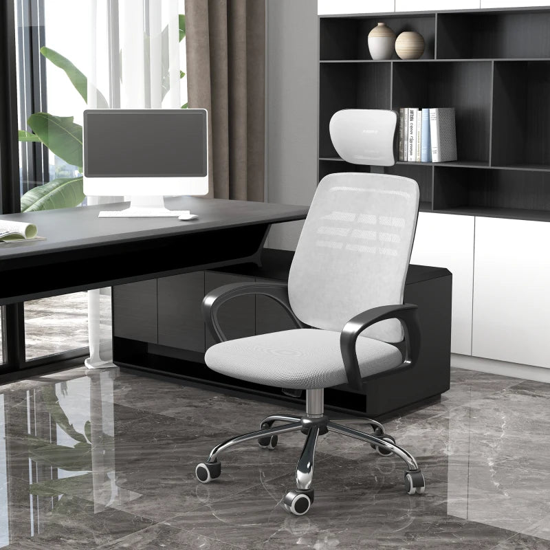 Grey Mesh Office Chair with Headrest, Lumbar Support & Armrest