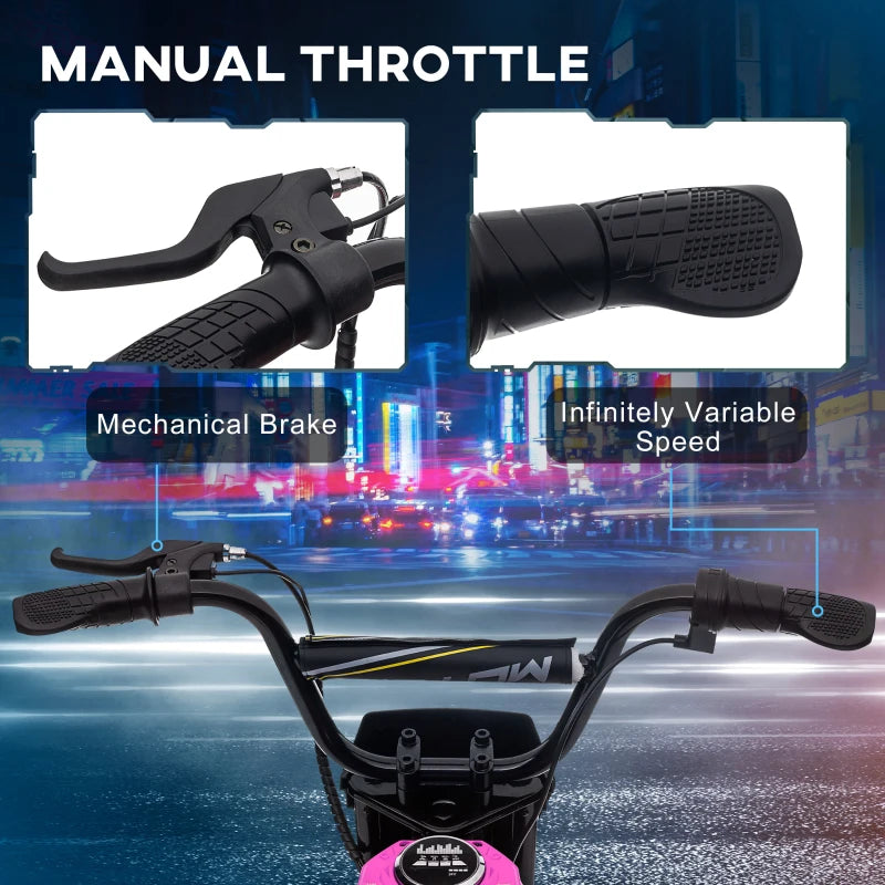 Pink Electric Motorbike with Music & Horn, 12" Tyres, 16km/h Speed
