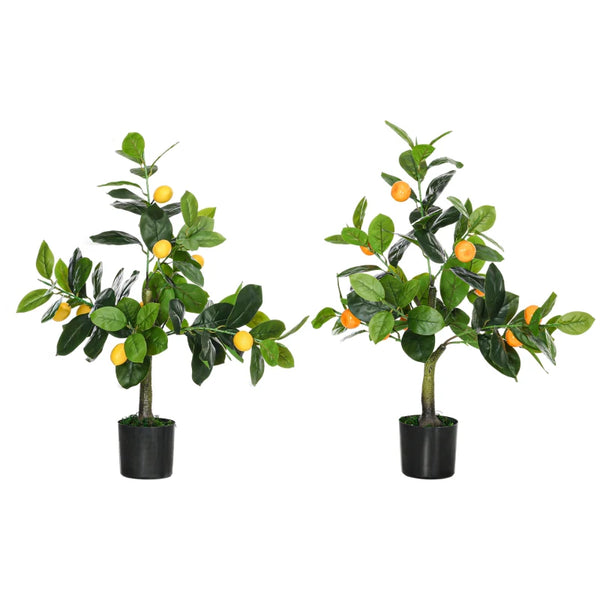Set of 2 Artificial Lemon and Orange Trees with Pots, Home Indoor Decor, 60cm, Green and Orange