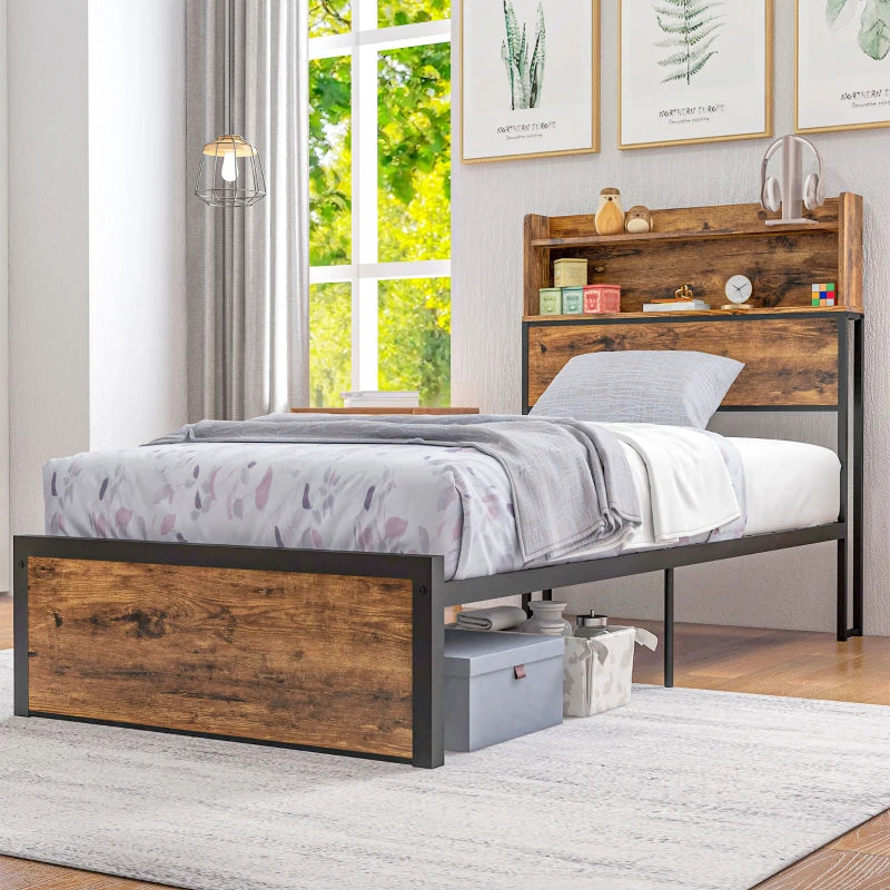 Rustic Brown Steel Single Bed Frame with Storage, 3.1FT