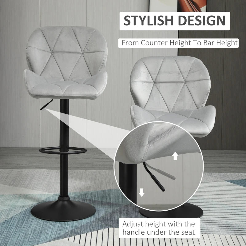 Light Grey Adjustable Swivel Bar Stools Set of 2 with Backrest