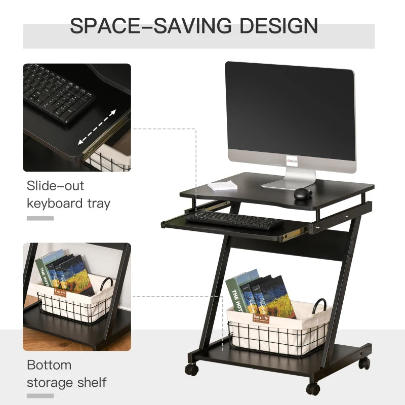 Black Mobile Computer Desk with Sliding Keyboard Tray