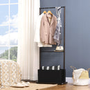 Dark Walnut Bamboo Coat Stand with Shelves and Fabric Storage Box