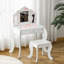 Kids White Vanity Table & Stool Set with Rotatable Mirrors - Star & Heart Pattern