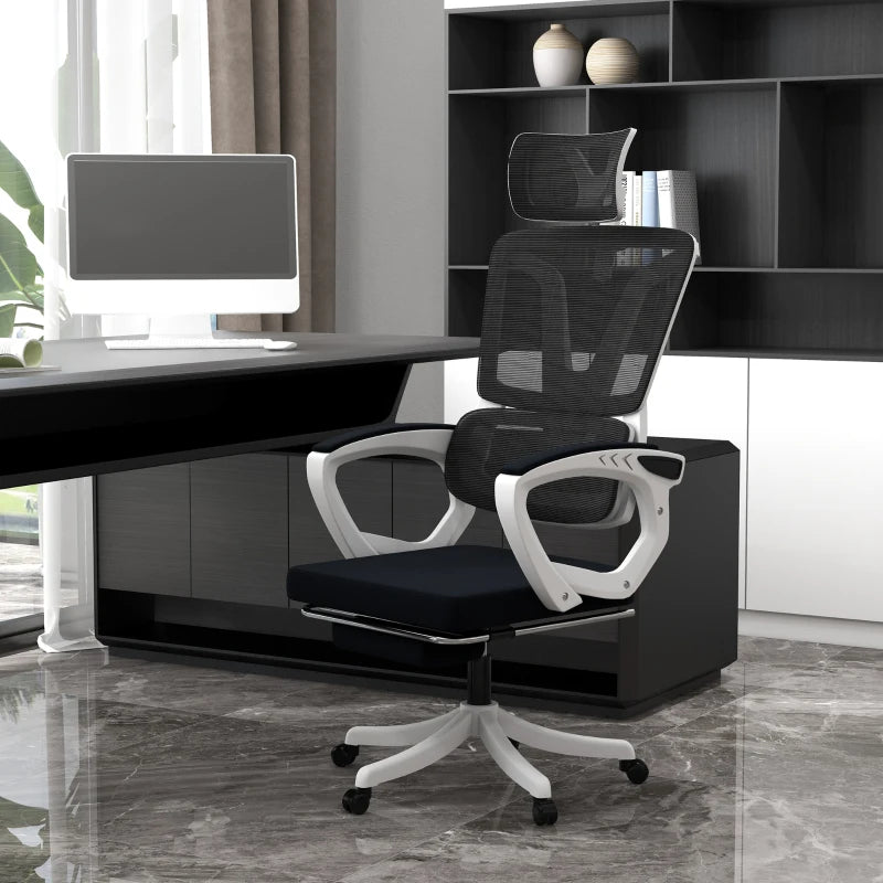Black Ergonomic High Back Office Chair with Reclining Mesh, Headrest, Lumbar Support & Foot Rest