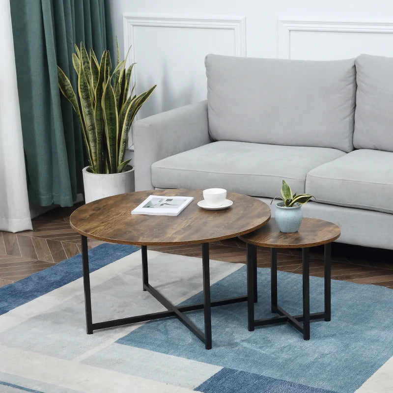 Rustic Brown Metal Frame Round Coffee Table Set - Industrial Side Tables for Living Room