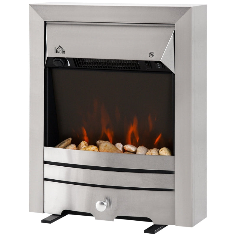 Stainless Steel Electric Fireplace with Pebble Burning Effect - 2KW Heater, LED Flame - Silver