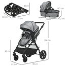 Grey Foldable Baby Stroller with Reclining Backrest and Adjustable Canopy