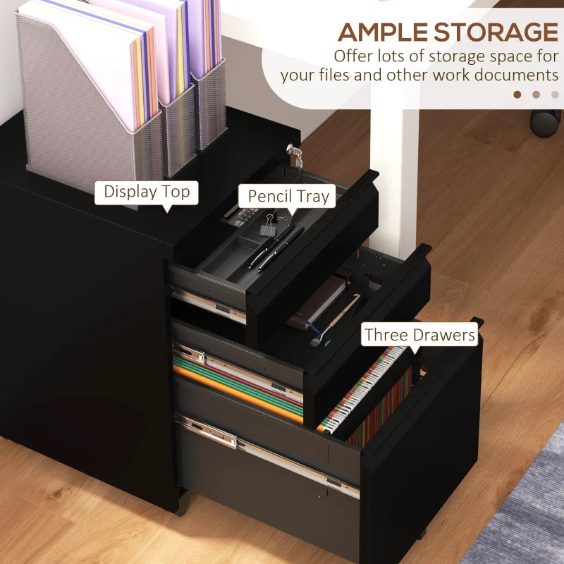 Black 3-Drawer Steel File Cabinet with Pencil Tray