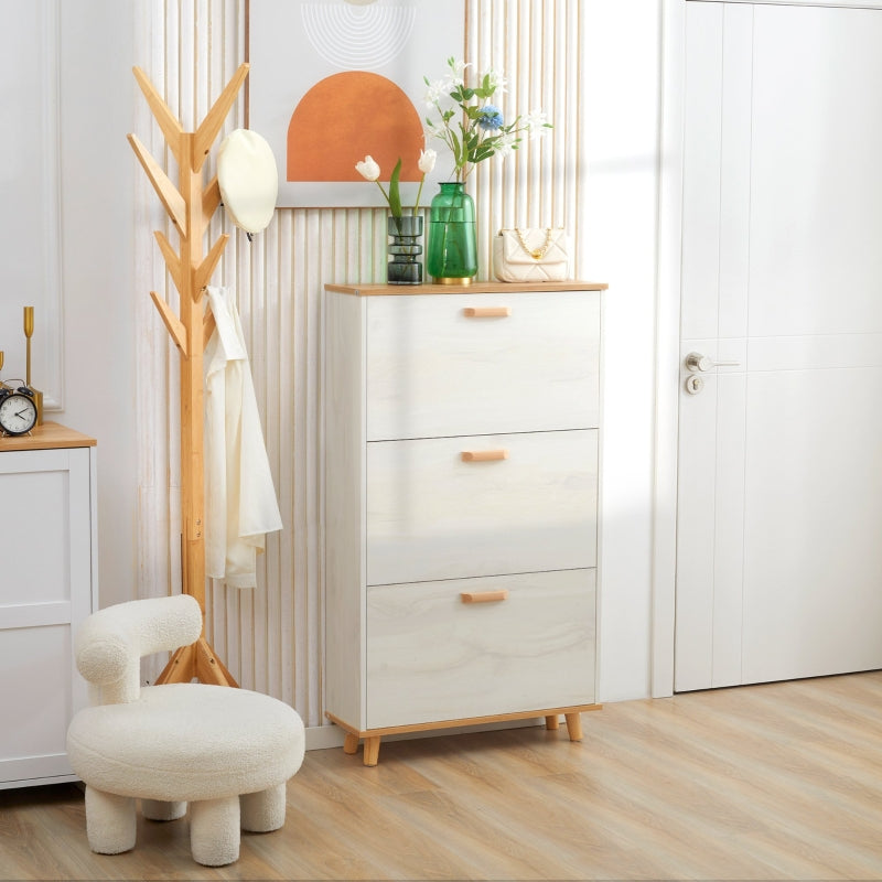 Cream White Slim Shoe Storage Cabinet with 3 Flip Drawers - 12 Pair Shoe Organizer