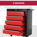Red 5-Drawer Steel Tool Chest with Wheels and Lockable Cabinet