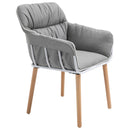 Grey and White Piped Accent Chair with Thick Padding and Wood Legs