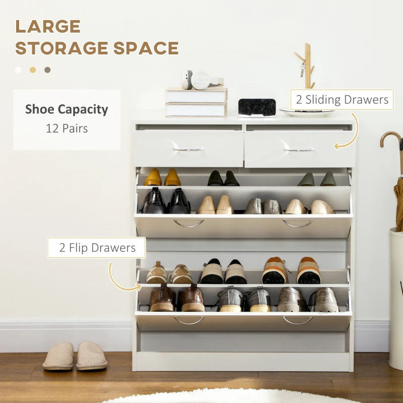 White Shoe Storage Cabinet with 2 Flip Drawers - Organiser for 12 Pairs