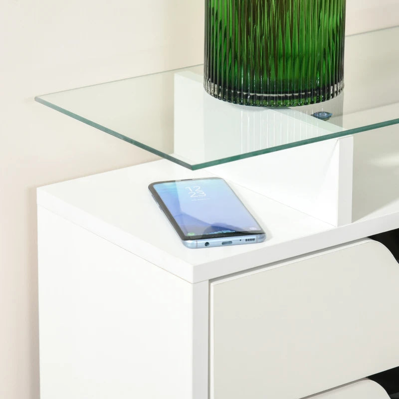 White Shoe Storage Cabinet with Slide Out Drawer and Glass Top