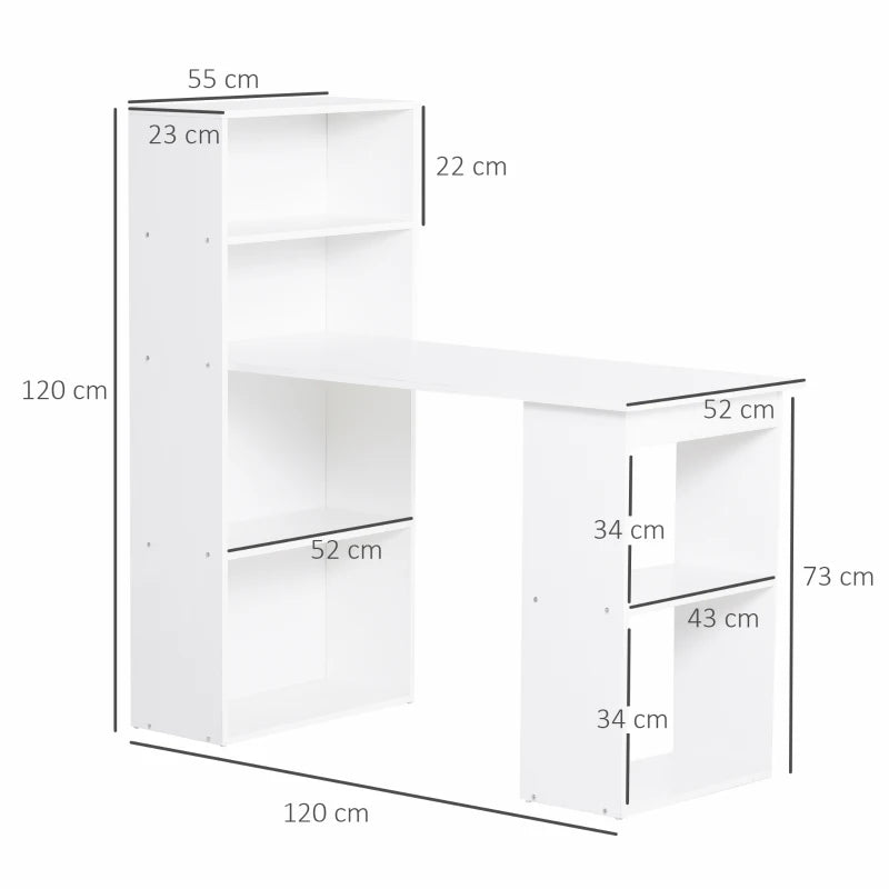 White 120cm Computer Desk with Bookshelf and 6 Shelves