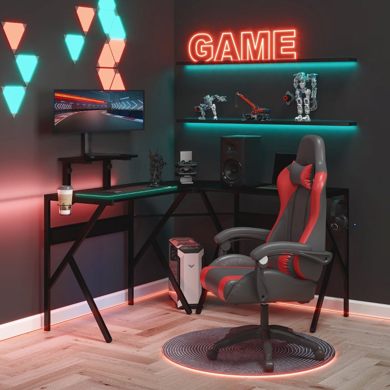 Black L-Shaped Gaming Desk with Monitor Stand and Cup Holder