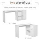 White L-Shaped Computer Desk with Storage Shelf and Drawer