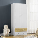 White 2-Door Wardrobe with Drawers and Hanging Rod for Bedroom Storage