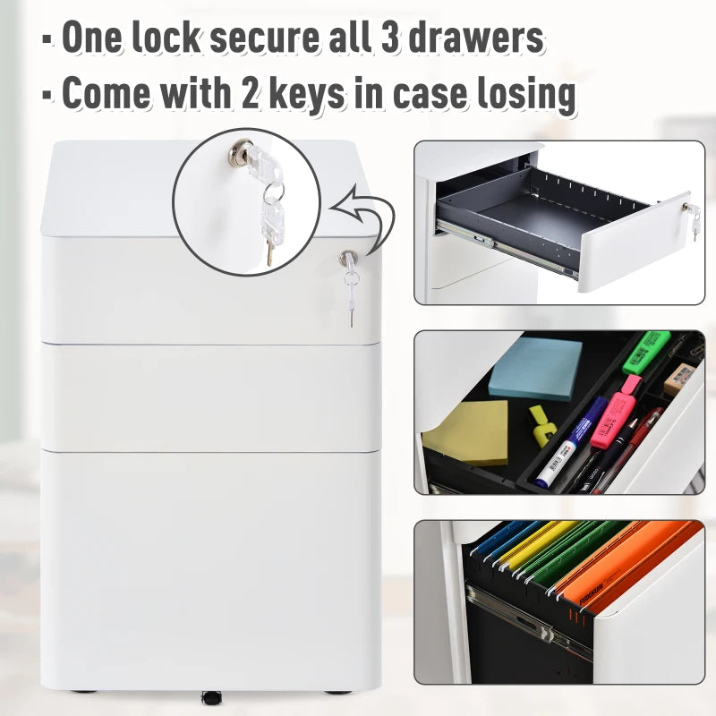 Steel 3-Drawer Rolling Filing Cabinet for A4, Letter, Legal Files - Black