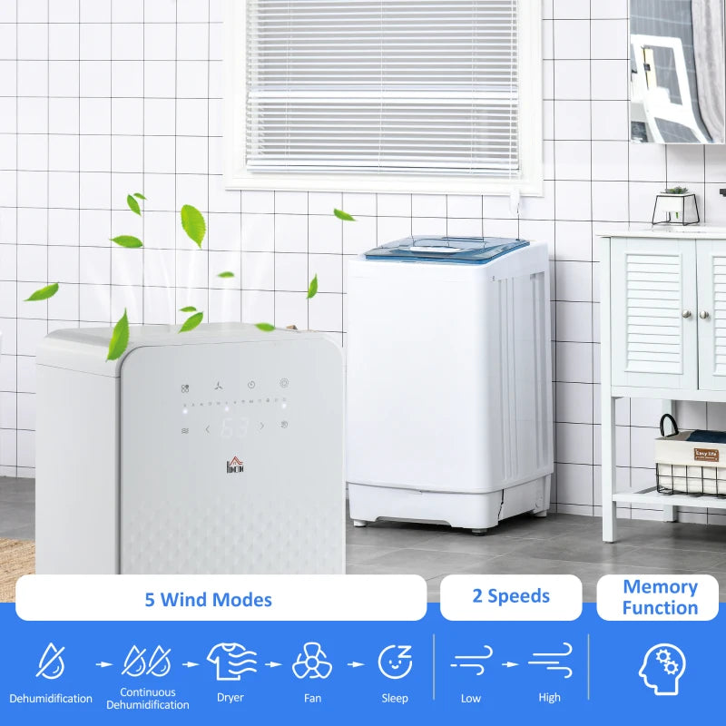 White Portable Dehumidifier with Air Purifier, 24H Timer, 5 Modes, 12L/Day