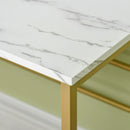 White Modern Vanity Dressing Table with Round Mirror and Faux Marble Texture