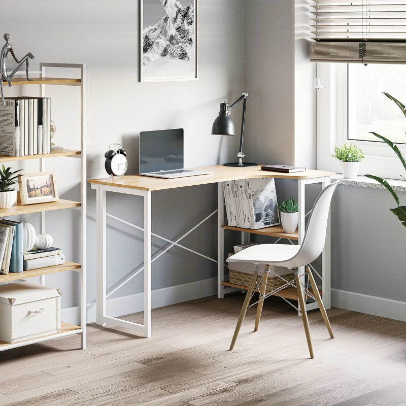 Oak Tone L-Shaped Folding Corner Desk with Storage Shelf