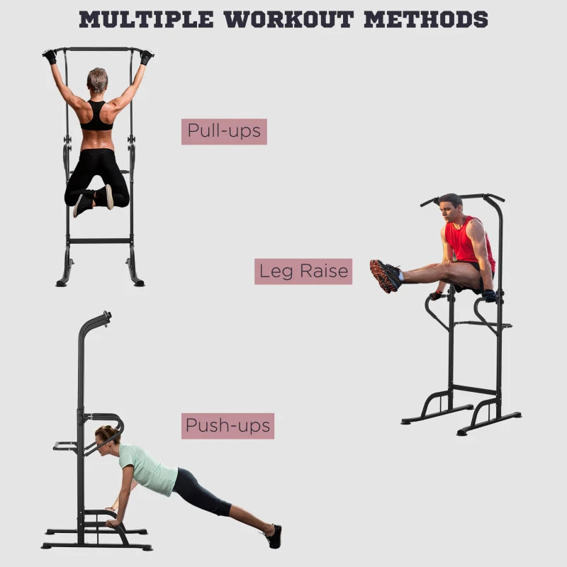 Black Power Tower Dip Station Pull Up Bar - Adjustable Height Home Gym Equipment