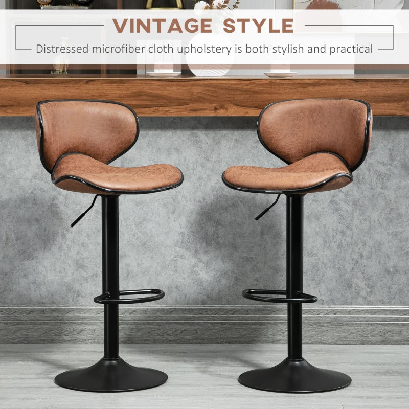 Brown Microfiber Cloth Swivel Bar Stool Set of 2, Adjustable Height Armless Chairs
